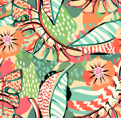 tropical pattern with multicolored hand drawn elements and funny background. tropical leaves pattern for textil and decoration