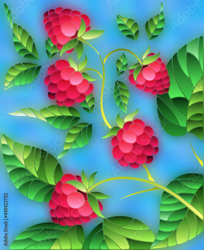 Illustration in stained glass style with a branch of ripe raspberries on a blue sky background
