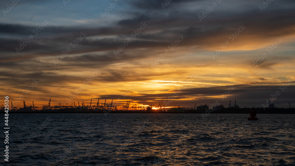 sunset at port of Rotterdam