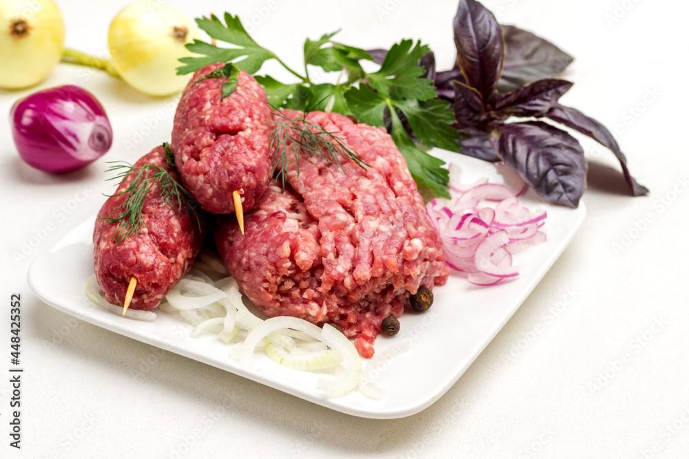 Raw minced meat on wooden skewers and onion sliced into rings. Raw minced meat on wooden skewers and onion sliced into rings.