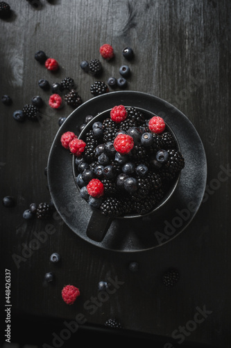 blackberries, blueberries, raspberries, fresh berries, black background, vegetarian food