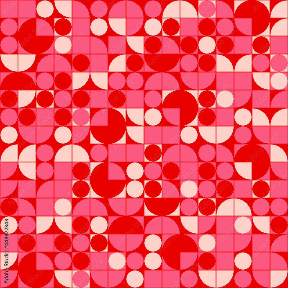 Mid Century Modern Style Geometric Pattern Design. Bright Pink And Red 1970s Retro Seamless Repeat Patten With Geometric Shapes. Mid Century Modern Style Geometric Pattern Design. Bright Pink And Red 1970s Retro Seamless Repeat Patten With Geometric Shapes.