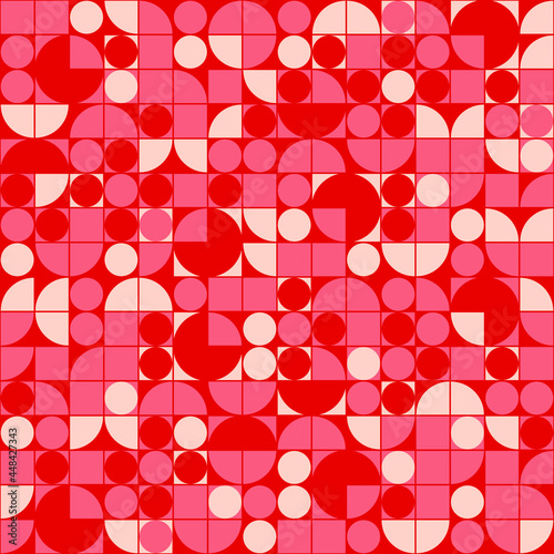 Mid Century Modern Style Geometric Pattern Design. Bright Pink And Red 1970s Retro Seamless Repeat Patten With Geometric Shapes.