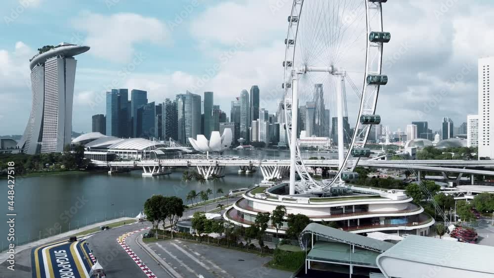 SINGAPORE - JANUARY 2, 2020: Singapore aerial skyline from city ferrys wheel. Skyscrapers view from drone