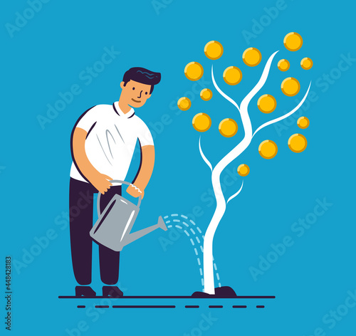 Businessman watering a money tree. Business concept in flat cartoon style