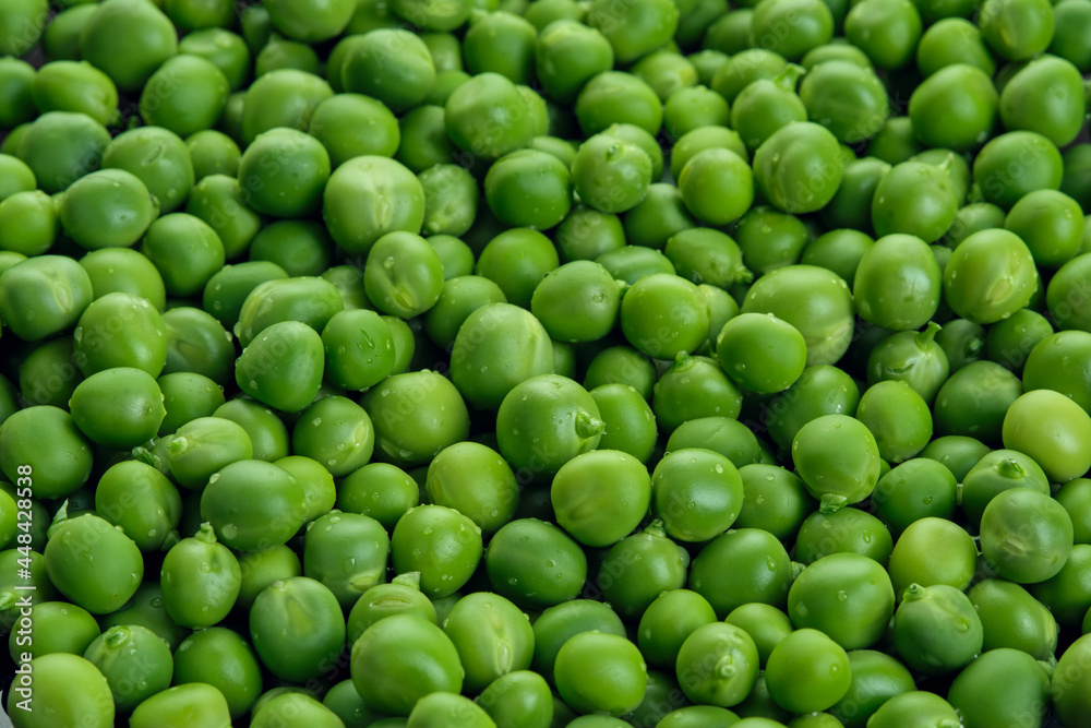 Fresh green pods or peas rotating. Peas background. Top view