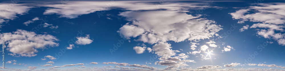 blue sky with white beautiful clouds. Seamless hdri panorama 360 degrees angle view  with zenith for use in 3d graphics or game development as sky dome or edit drone shot