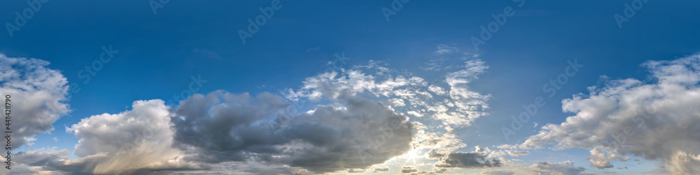 Obraz premium blue sky with white beautiful clouds. Seamless hdri panorama 360 degrees angle view with zenith for use in 3d graphics or game development as sky dome or edit drone shot