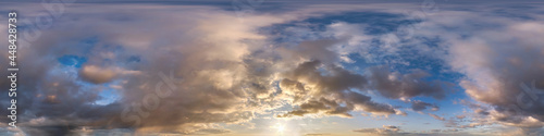 Seamless evening blue sky hdri panorama 360 degrees angle view with zenith and beautiful clouds for use in 3d graphics as sky dome or edit drone shot