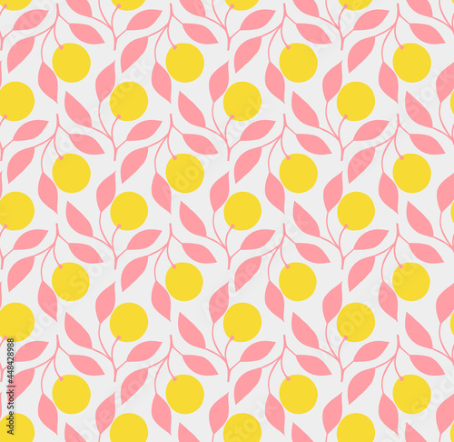 Retro Style Repeat Pattern With Fruit On Branch Motifs. Yellow Citrus Fruit In A Seamless Repeat Patten. Yellow Fruit and Pink Leaves Vector Design.