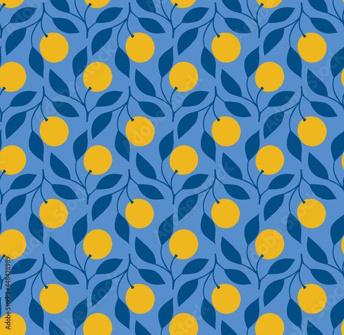 Retro Style Repeat Pattern With Fruit On Branch Motifs. Yellow Citrus Fruit In A Seamless Repeat Patten.