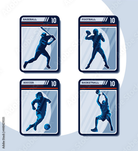 Set of four sport card. Baseball, Football, Soccer, and Basketball.