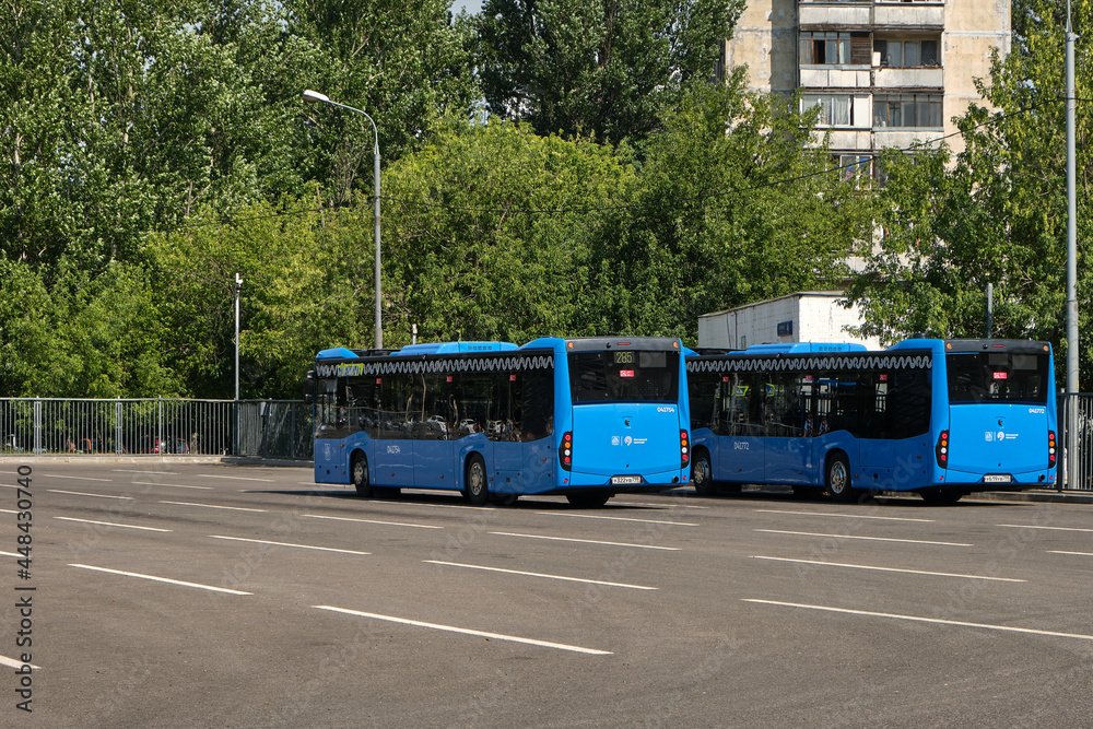 Moscow, Russia - 07.12.2021: Electric buses on the bus station in Moscow