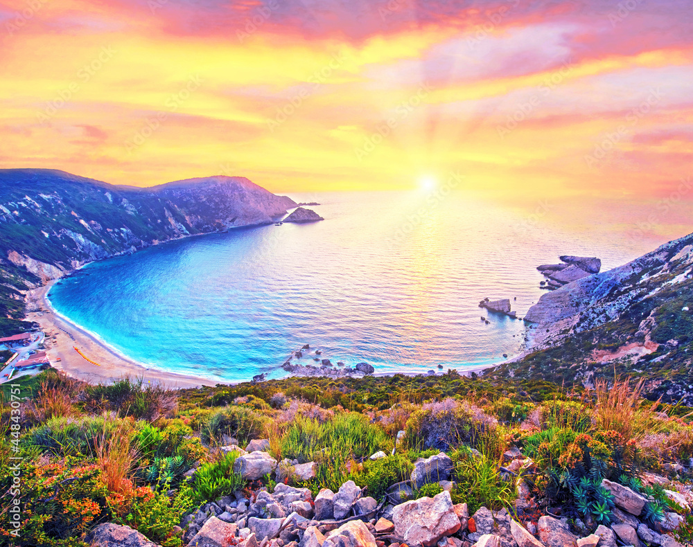 Fantastically fabulous mystical stunning magical landscape with the beach at sunset in Petani Beach, Kefalonia, Greece. Amazing places. Tourist Attractions.