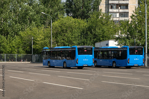 Moscow, Russia - 07.12.2021: Electric buses on the bus station in Moscow