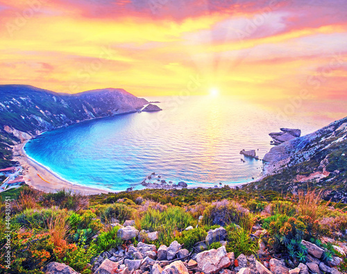 Obraz na płótnie Fantastically fabulous mystical stunning magical landscape with the beach at sunset in Petani Beach, Kefalonia, Greece. Amazing places. Tourist Attractions. w salonie