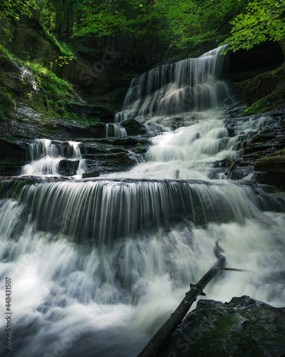 Low-angle view of cascading forest waterfall.