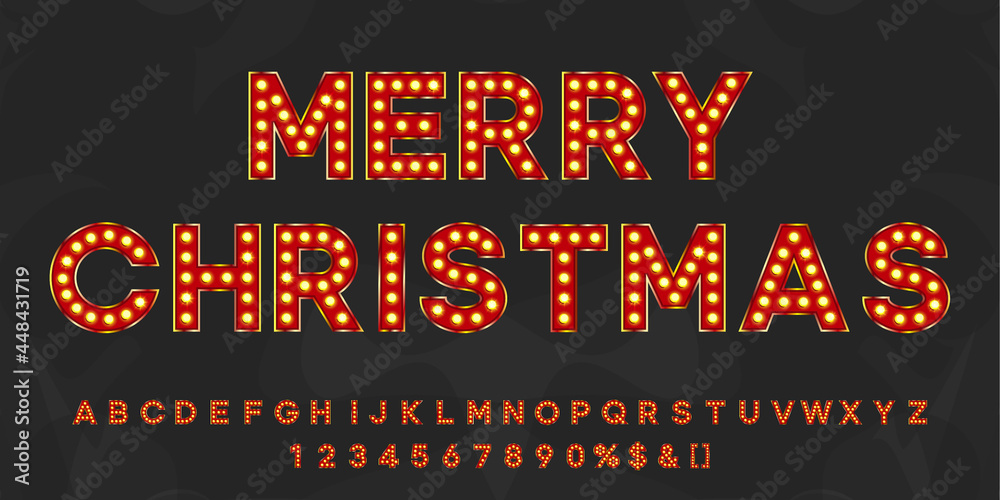 Merry Christmas 2021 vintage text with alphabet and numbers. Neon letters typeface for retro party or event signboard.
