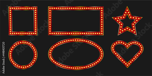 Square and oval frames with marquee bulb. Vintage shiny signboard with neon light. Warm led lit.