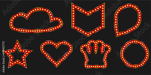 Red crown marquee shiny badge. Black friday banner for luxury event design. Pin light with star and heart frame.