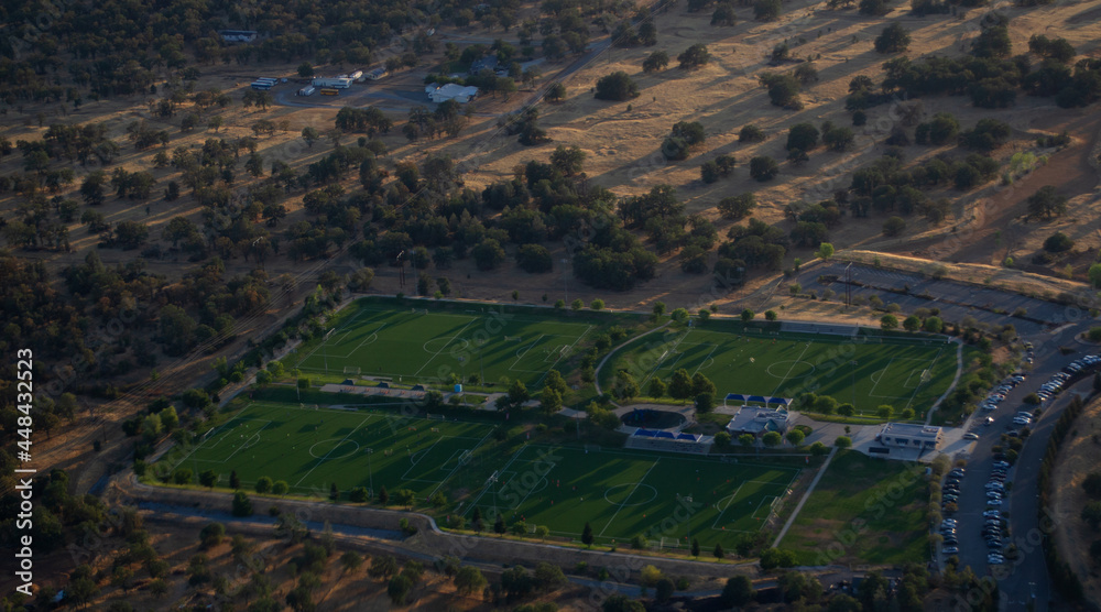 Naklejka premium An aerial view of California Soccer Park in Redding, California.