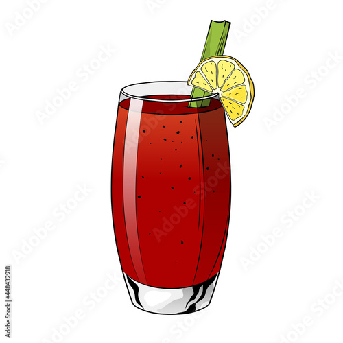 Bloody Mary cocktail, hand drawn alcoholic drink with lemon slice and celery. Vector illustration