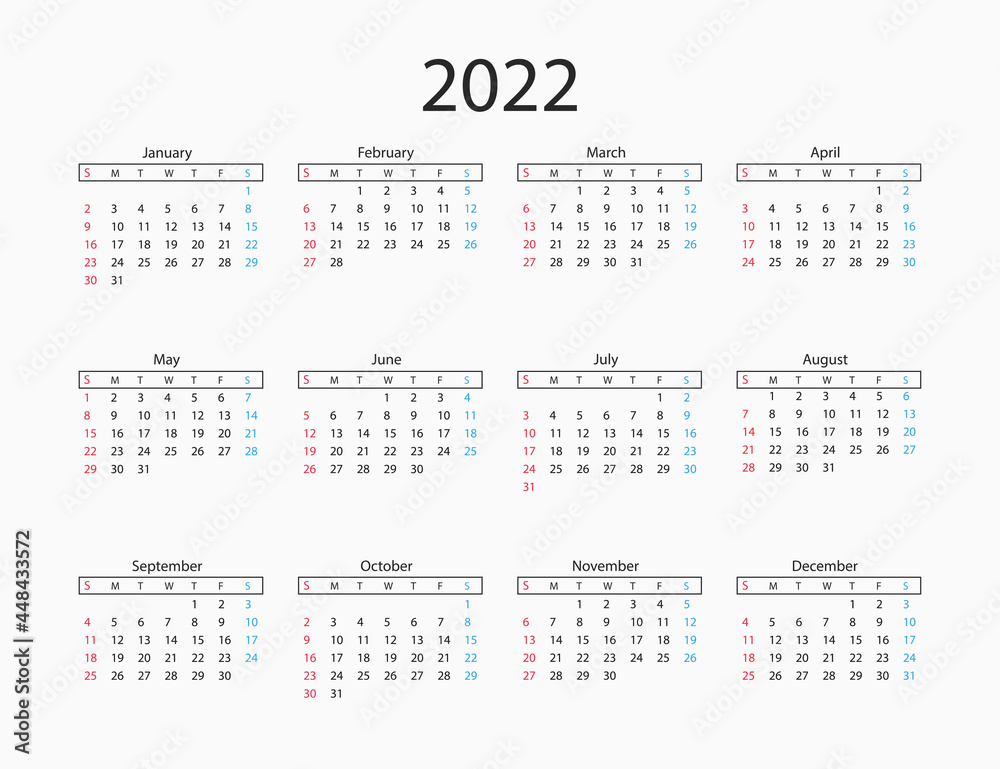 2022 year, calendar. Vector illustration. Weeks start on Sunday. 2022 year, calendar. Vector illustration. Weeks start on Sunday.