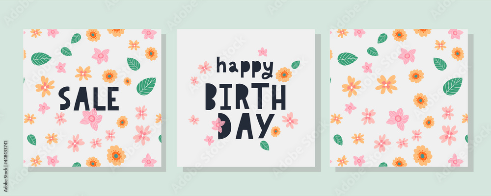 Happy Birthday text Flowers letter Holiday Banner Card Celebration