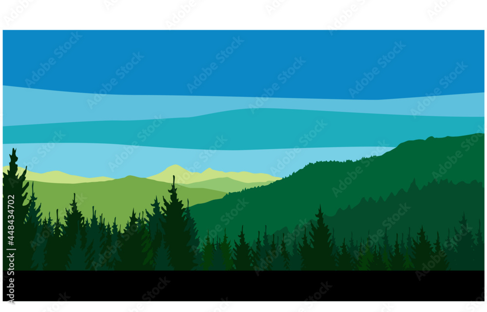 Fototapeta premium Wooded mountains. Coniferous forest. Green mountains covered with trees. Vector image for prints, poster and illustrations.