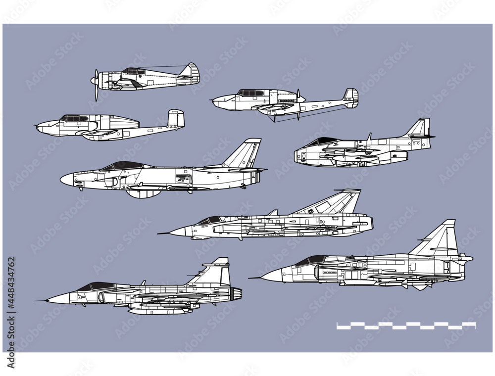 History of Swedish fighters. Outline vector drawing. Image for illustration and infographics.