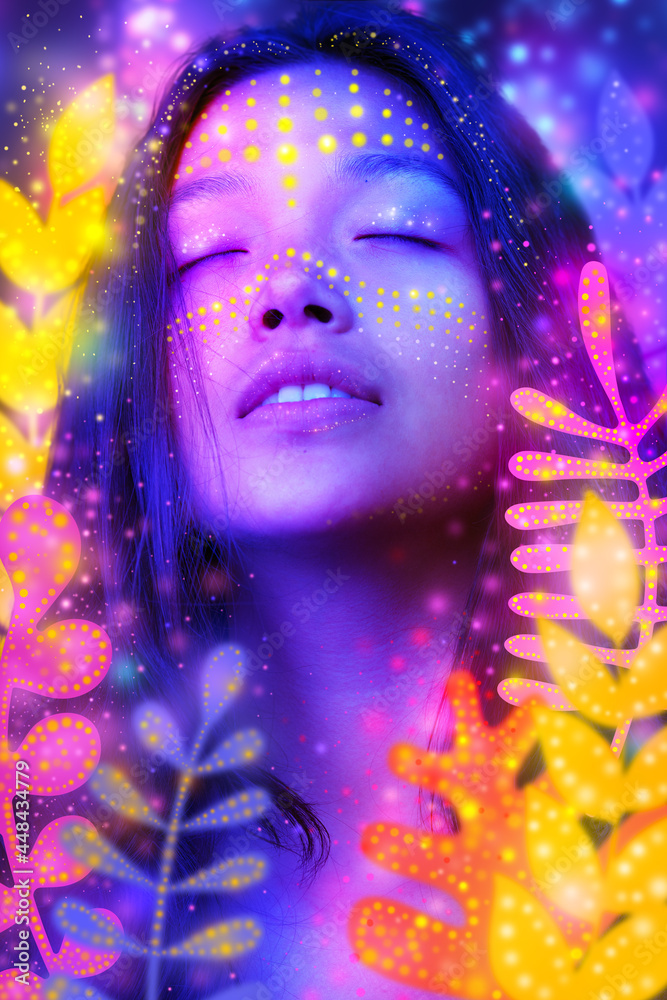 An artistic colorful portrait of a woman with glowing floral elements