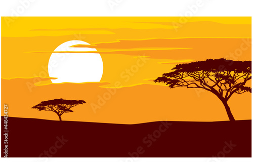African landscape. Single trees under the scorching sun. Vector image for prints, poster and illustrations.