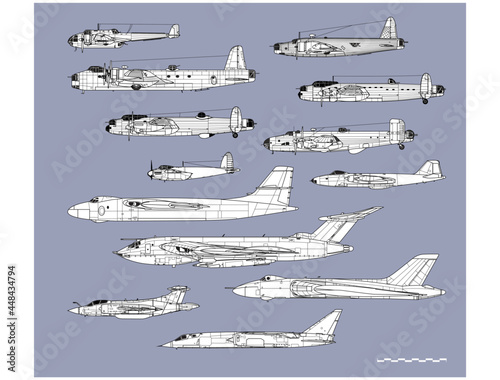History of British bombers. Outline vector drawing. Image for illustration and infographics.