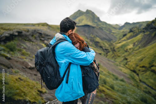 A young couple traveling in the central highlands in Iceland. High quality photo