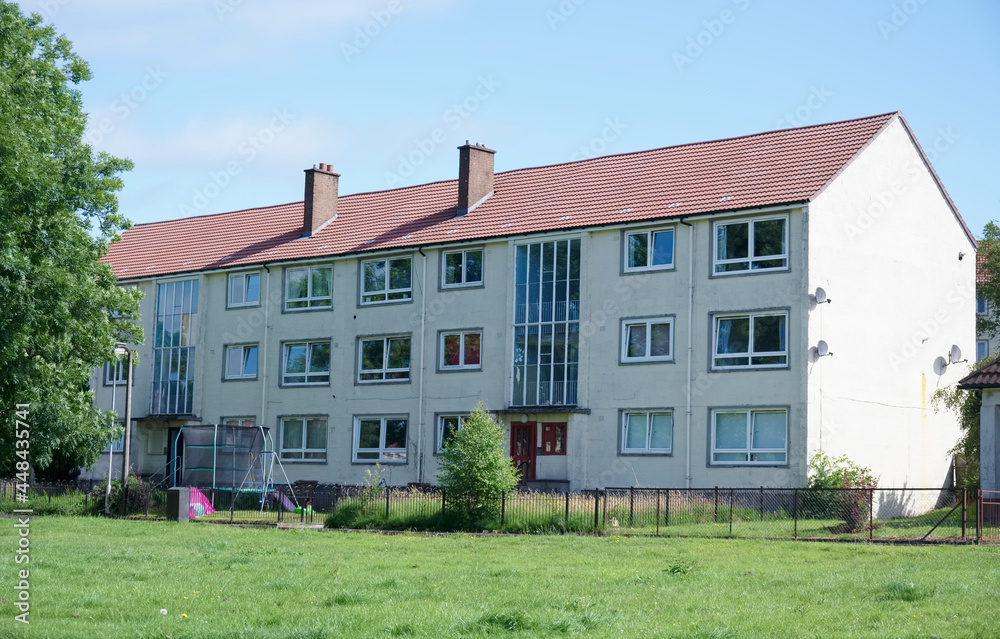 Derelict council house in poor housing estate slum with many social welfare issues in Port Glasgow