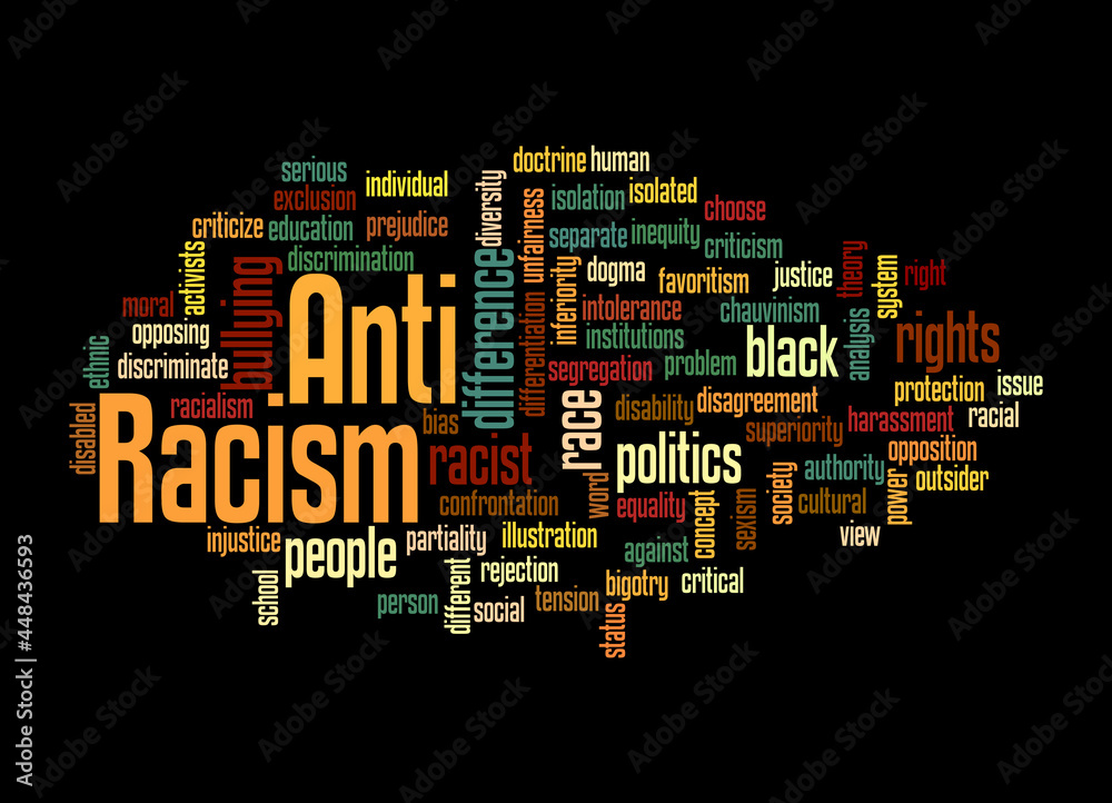 Word Cloud with ANTI RACISM concept, isolated on a black background
