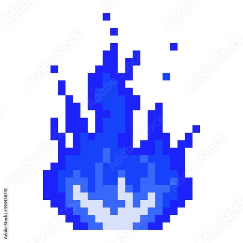 Pixel blue burning plasma bonfire icon. Flaming fire with glowing core flame after powerful explosion with flying vector sparks.