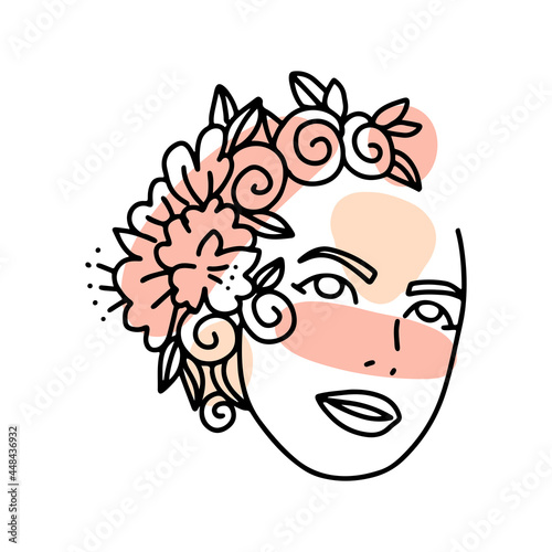 Isolated abstract female head line drawing. Woman face with floral wreath vector line drawing.