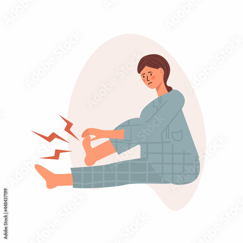 Young woman having a foot sole cramp, feeing pain and suffering for this. Vector illustratin in trendy live flat style. Healthcare, pain, sickness, disease concept, isolated on a white background