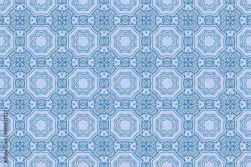 Geometric volumetric convex 3D blue pattern for wallpaper, websites, textiles. Embossed artistic background in traditional oriental, Indian style. Texture with ethnic ornament.