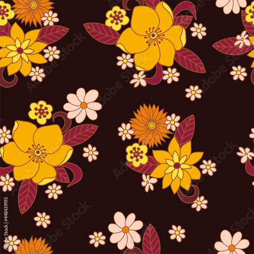Seamless pattern with simple flowers. Floral print hippie 60s.