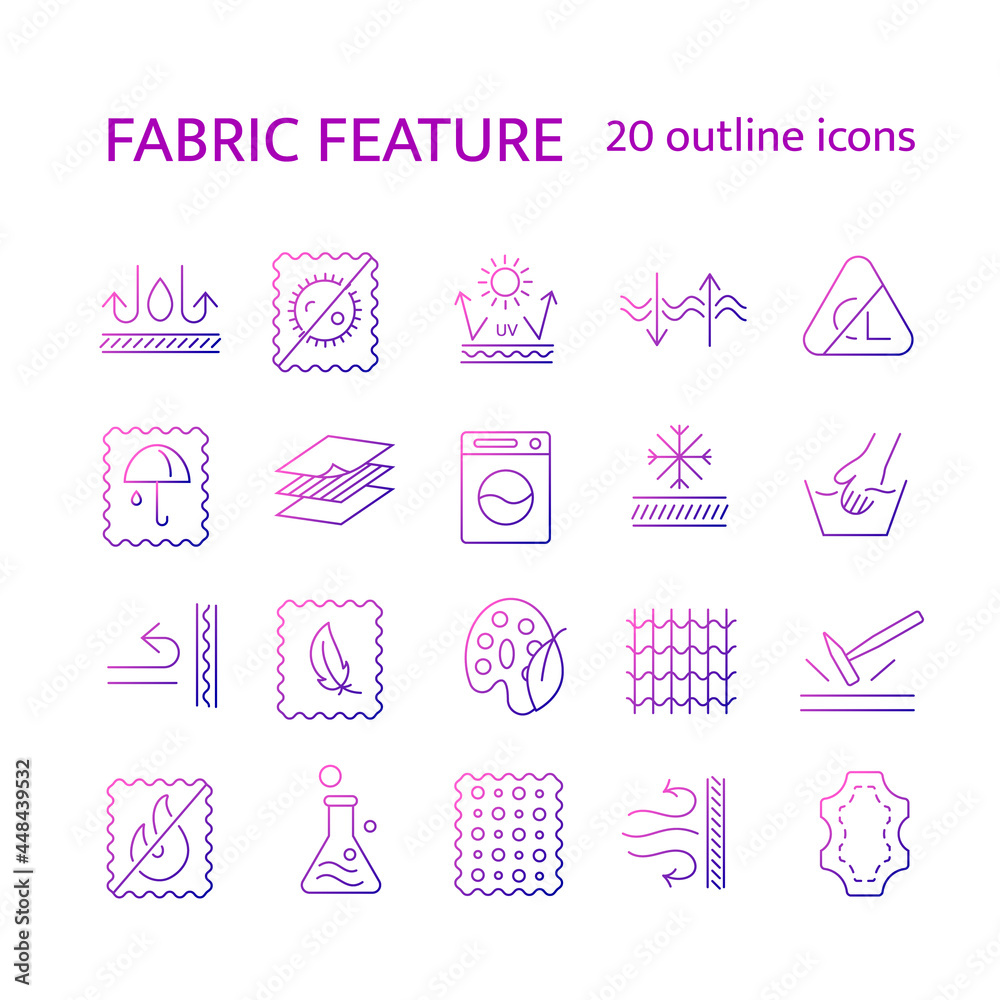Fabric diversity properties outline icons set. Leather, syntethic fiber. Textile industry. Ultraviolet protection Fabric diversity properties outline icons set. Leather, syntethic fiber. Textile industry. Ultraviolet protection