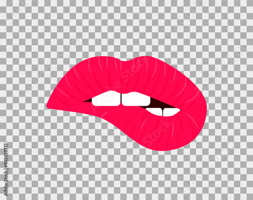 Bitting red lips with dripping paint. Vector illustration on transparent background. Trendy sticker