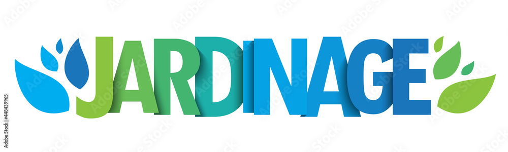 JARDINAGE green and blue vector typography banner with leaves on white background JARDINAGE green and blue vector typography banner with leaves on white background