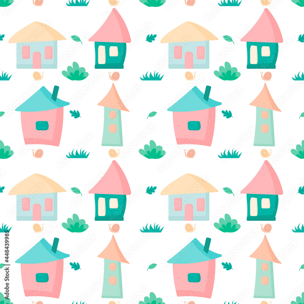 Vector seamless pattern with a cute houses and flowers on a white background. The illustration of the houses and plants. Vector illustration. Vector seamless pattern with a cute houses and flowers on a white background. The illustration of the houses and plants. Vector illustration.