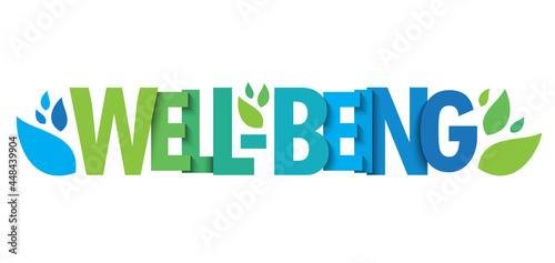 WELL-BEING green and blue vector typography banner with leaves on white background photo