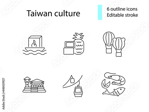 Taiwanes customs outline icons set. Asian attractions. Oriental specialty. Editable stroke. Isolated vector illustration