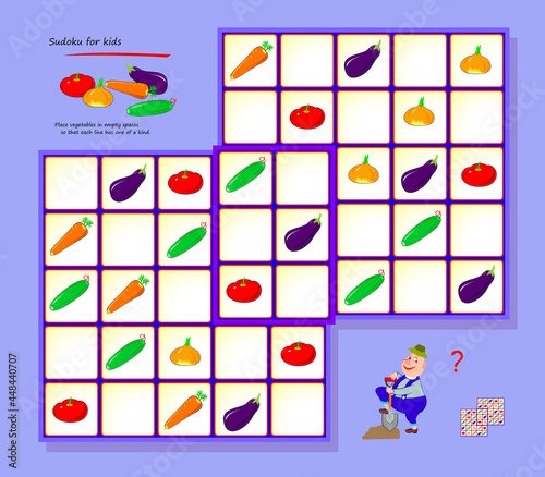 Sudoku for kids. Page for brain teaser book. Logic puzzle game for children and adults. Play online. Memory training for seniors. Place vegetables in empty spaces so that each line has one of a kind.