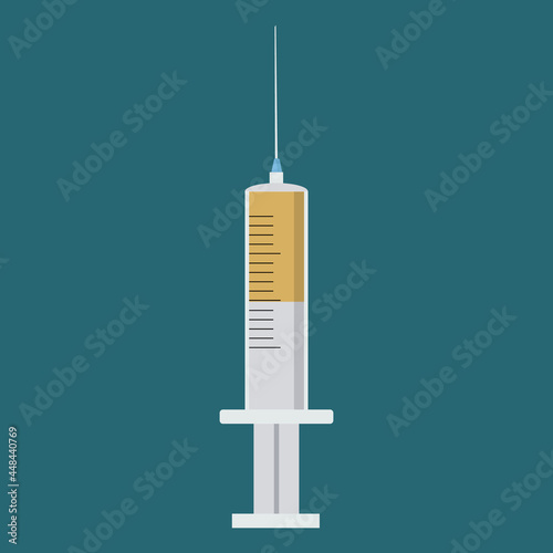 A syringe with a yellow liquid on a green background for use in clipart and web design