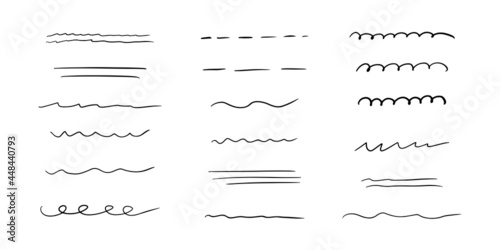 Hand drawn underline, emphasis, lines set. Brush strokes. Handmade scribble underline. Vector illustration on white background in doodle style. photo
